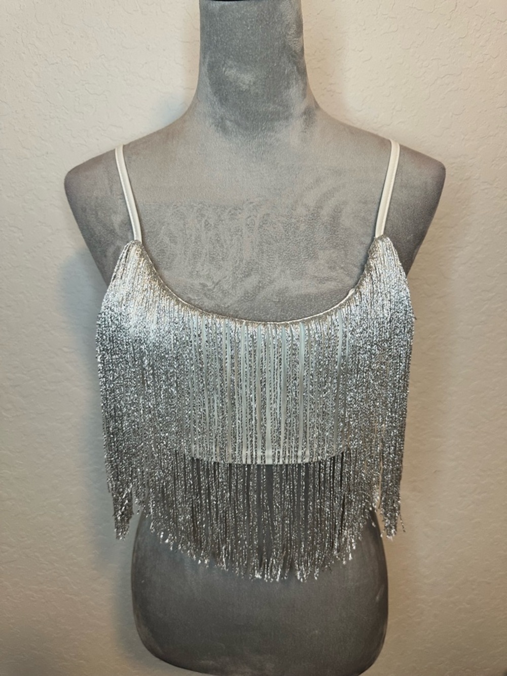 Niay Silver Fringe Crop Top Festival Rave Sequin Tassel Bralette Party Womens S
